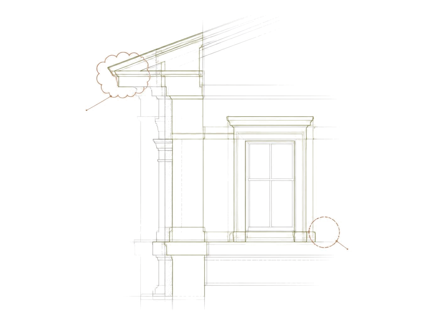 Architectural detail overlay showing existing information in gray, revised information in olive and terracotta change markers