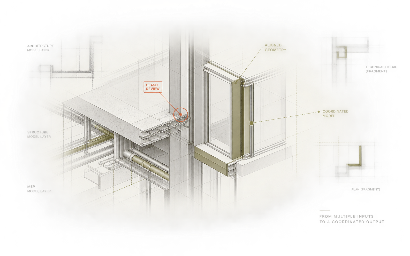 Coordinated architectural, structural and building-services junction with a restrained clash review cue