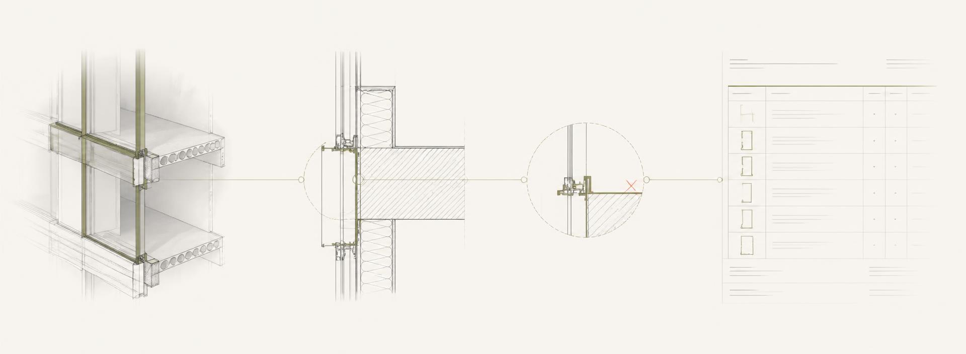 Cropped technical composition linking a model fragment, a construction detail, a review annotation and a documentation sheet