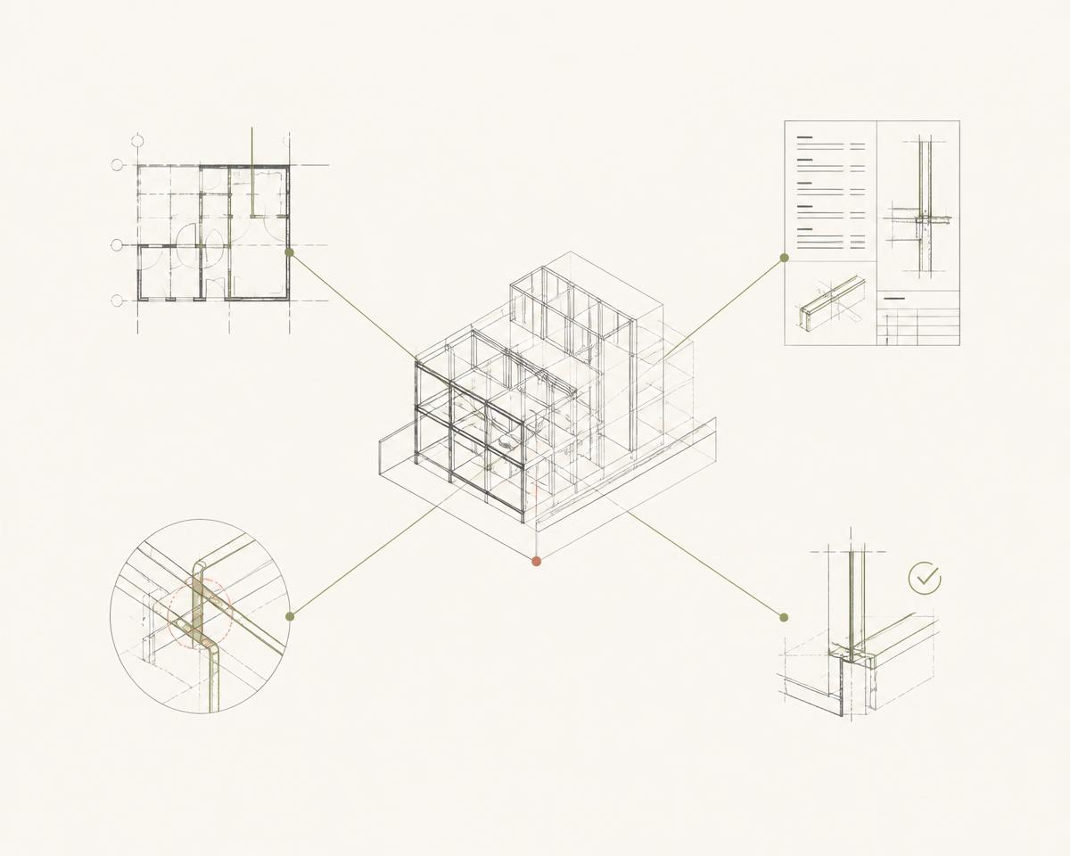 Architectural process diagram of modeling, documentation, coordination and technical review converging on one project model