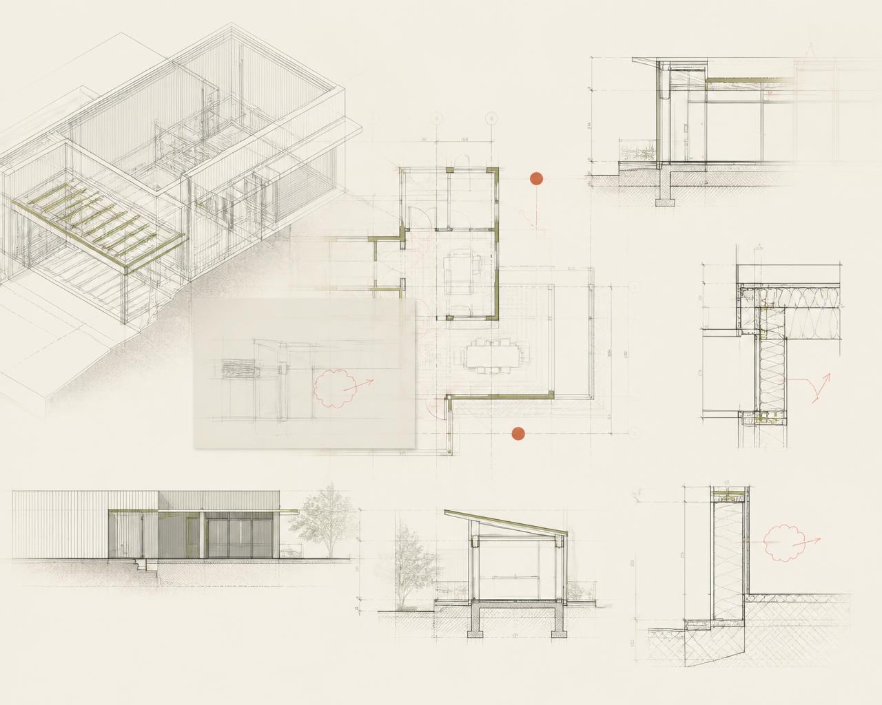 Editorial composition of layered architectural drawings, model fragments and review annotations