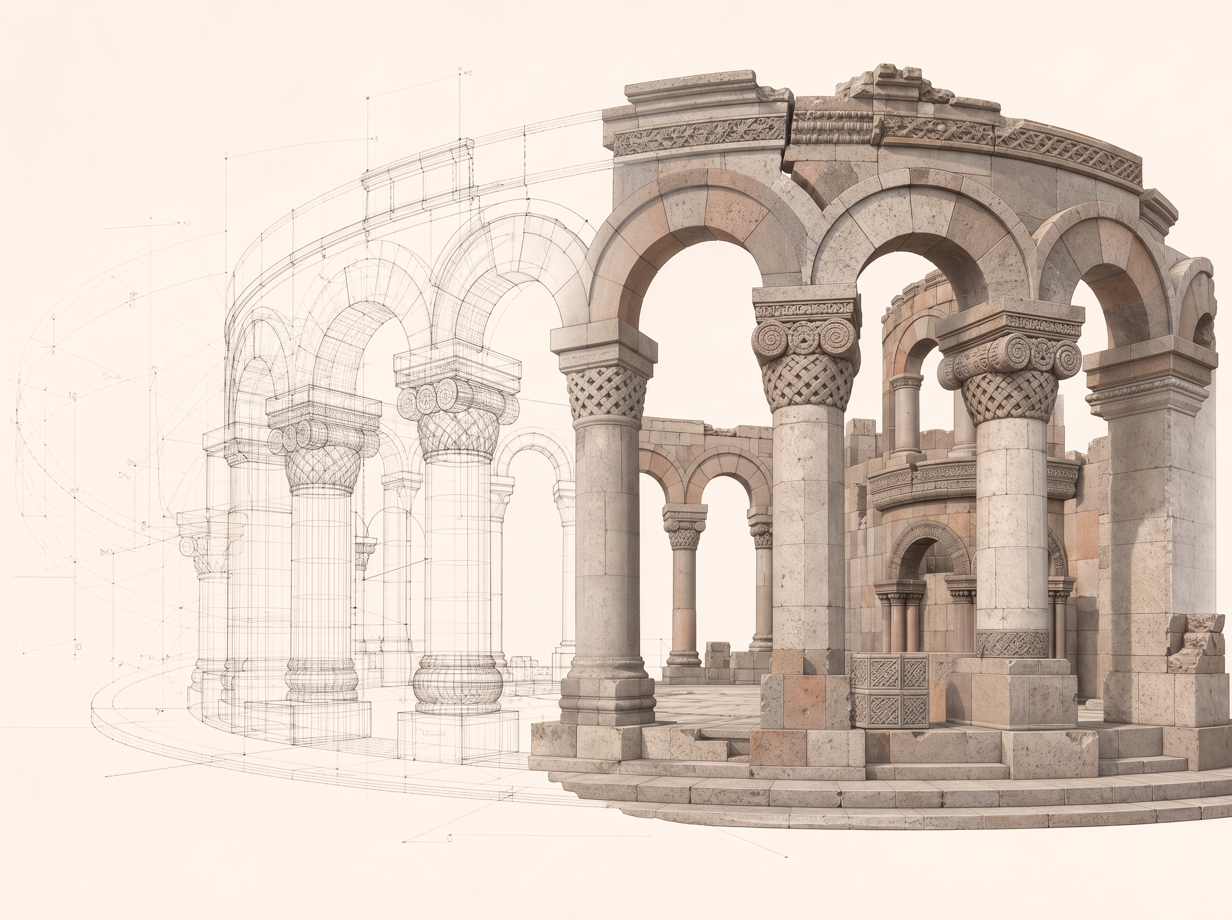 Zvartnots-inspired architectural fragment transitioning from survey linework to clean BIM model