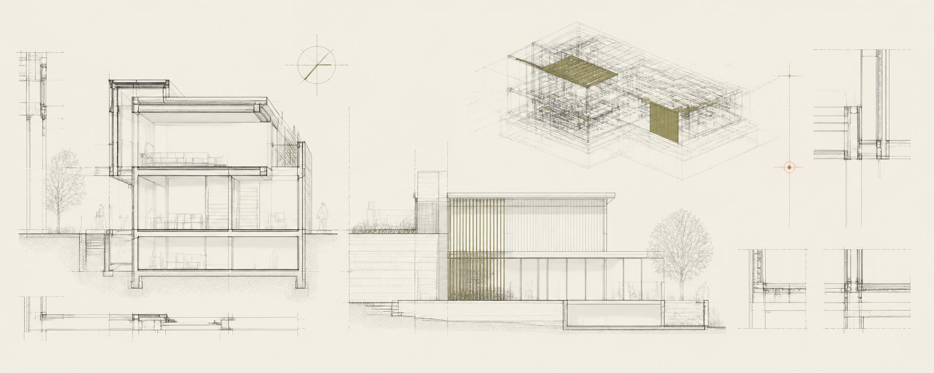 Panoramic architectural BIM drawing spread with section, elevation and wireframe model fragments