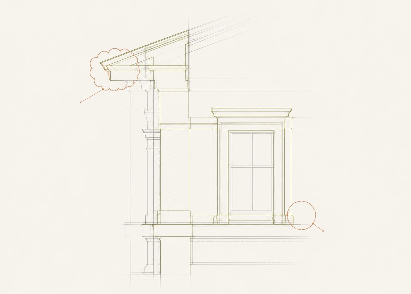 Architectural detail overlay showing existing information in gray, revised information in olive and terracotta change markers