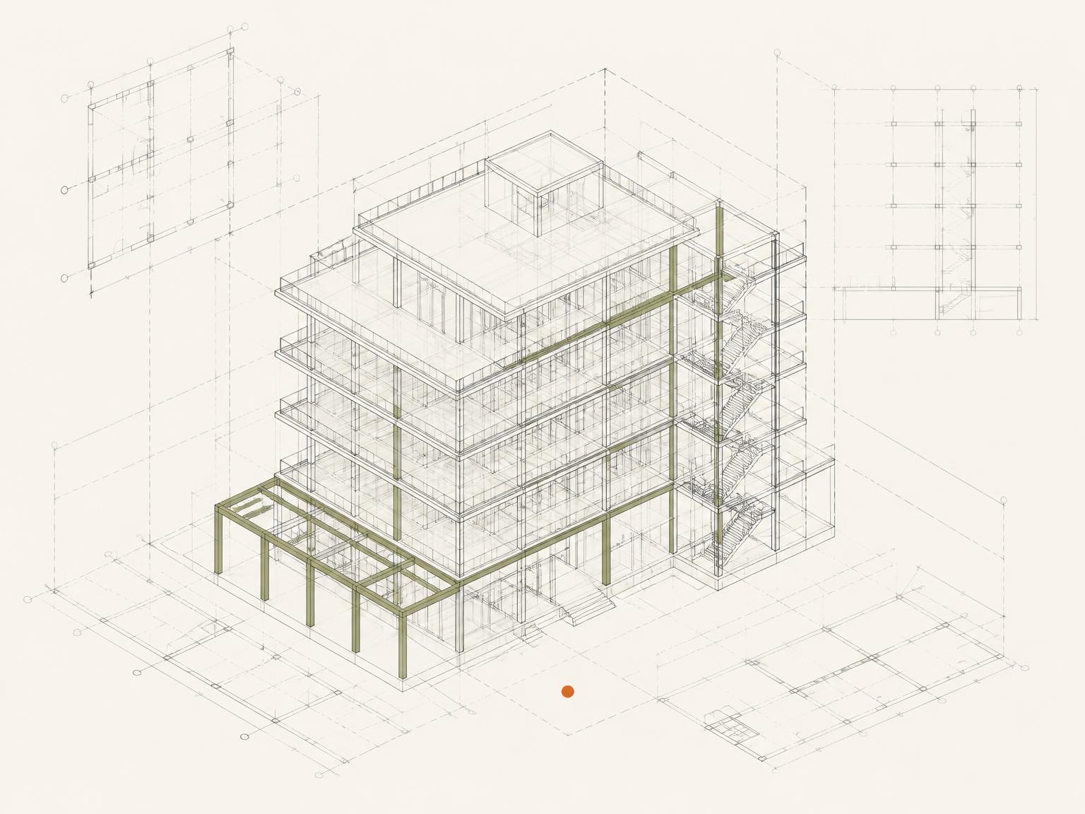 Axonometric BIM wireframe of a building layered with technical drawing information