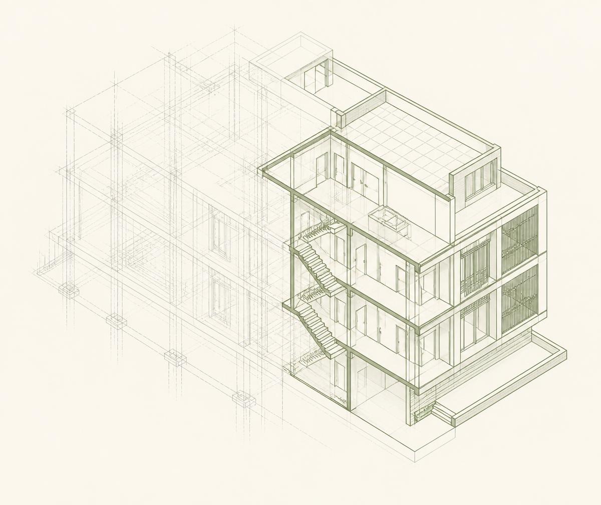Architectural axonometric Revit model shown partly as source wireframe geometry and partly as a developed BIM model