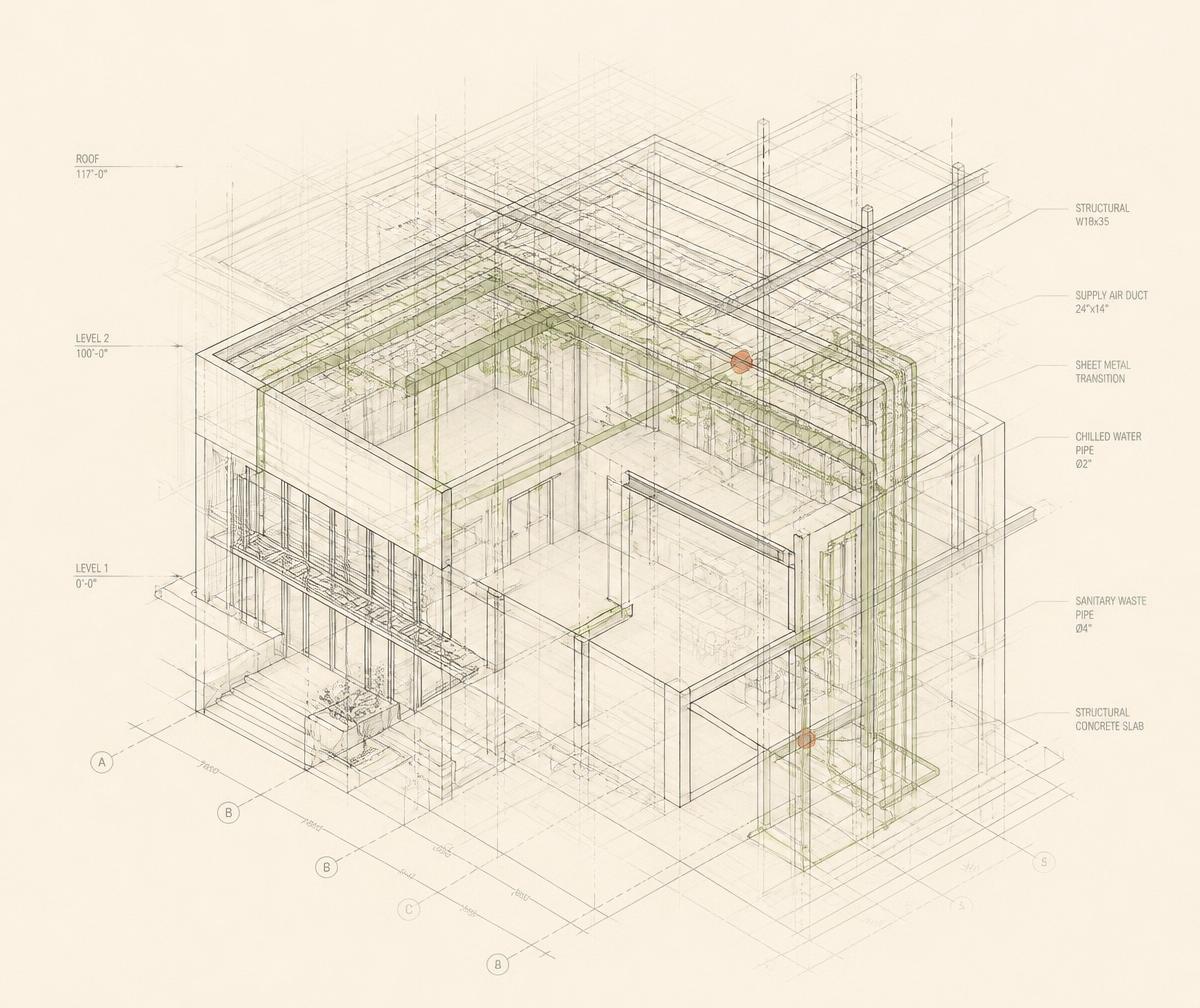 Layered multidisciplinary BIM composition combining architectural geometry, structural framing and MEP linework with small issue markers