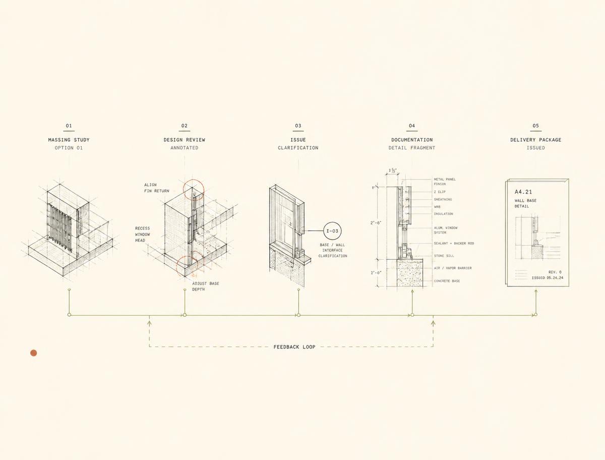 Architectural process diagram connecting model, review, issues, documentation and delivery fragments with thin technical lines