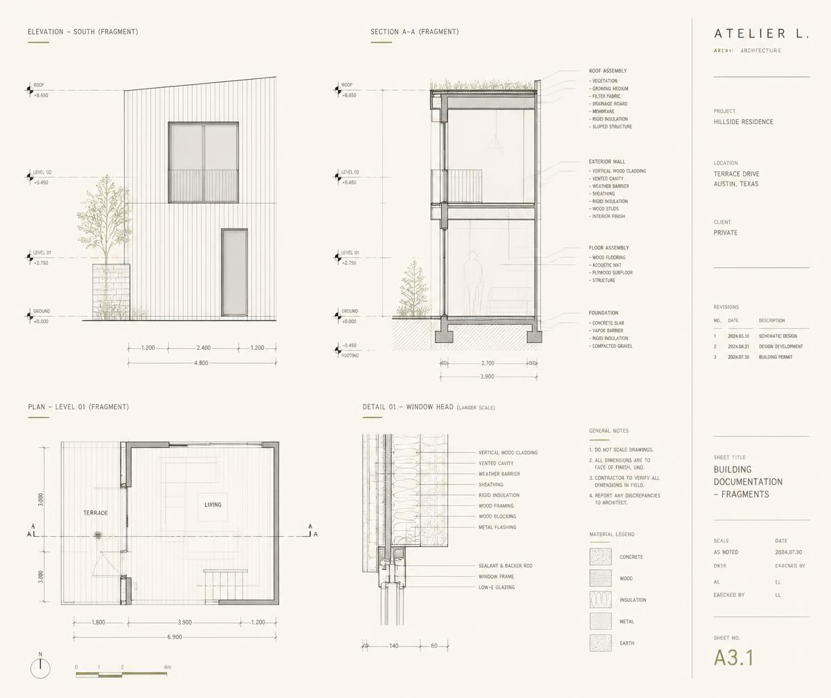 Architectural documentation spread with elevation, section, plan fragment, construction detail and dimension linework