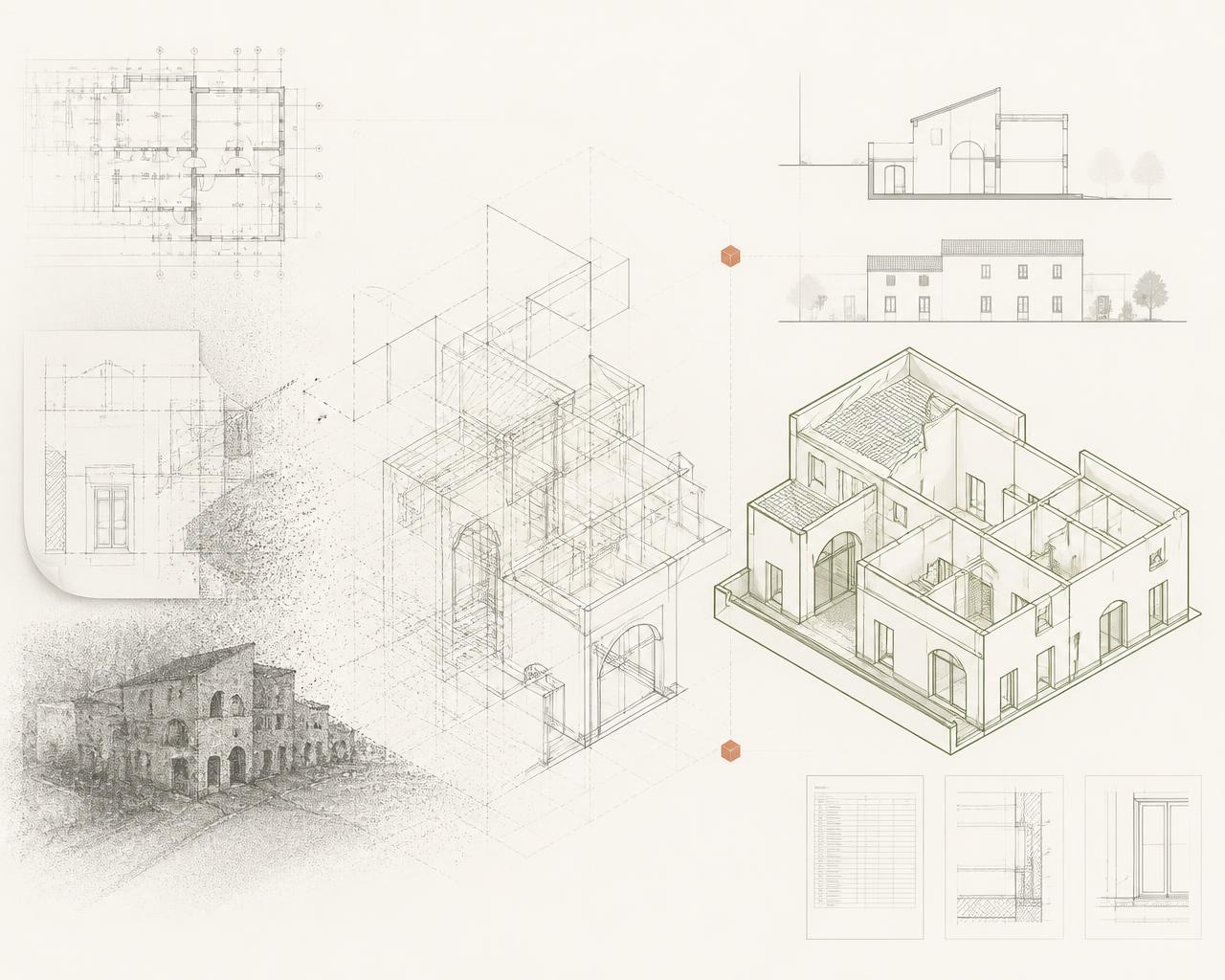 Technical BIM composition showing drawing fragments and point-cloud data developing into a structured architectural model and documentation output
