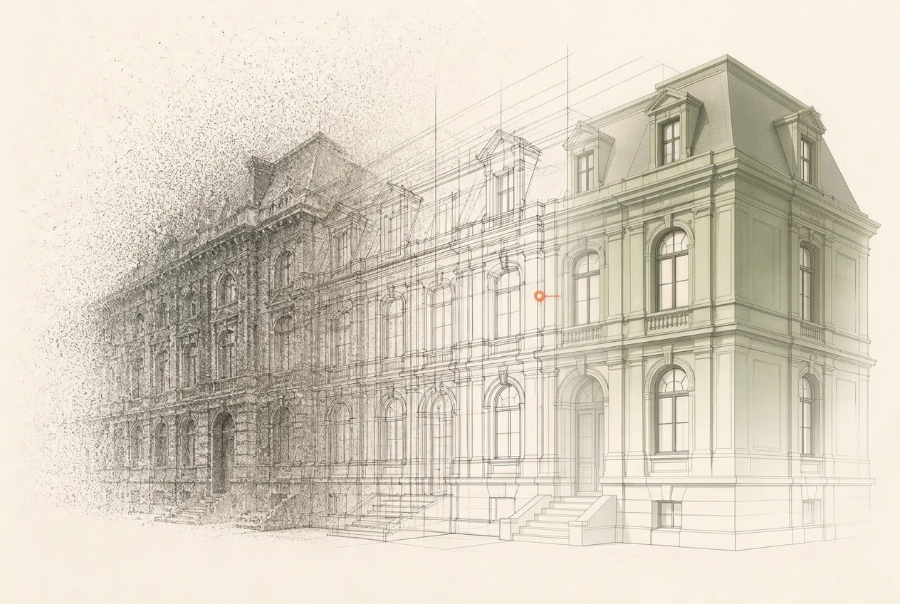 Existing building facade transitioning from point-cloud data through interpreted wireframe geometry into a clean Revit model